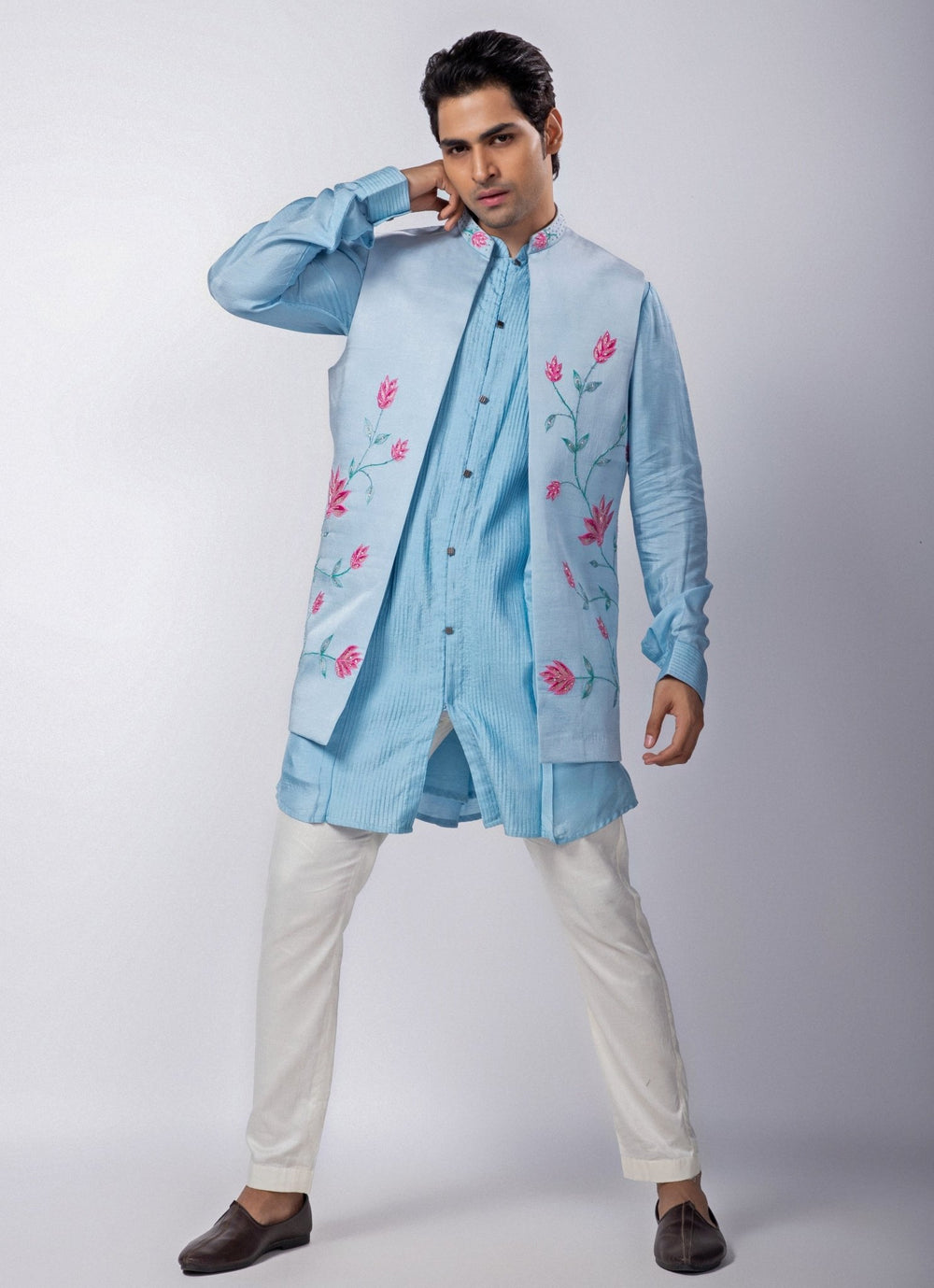 Pastel Blue Embroidered Nehru Jacket Smriti - Fabilicious Fashion