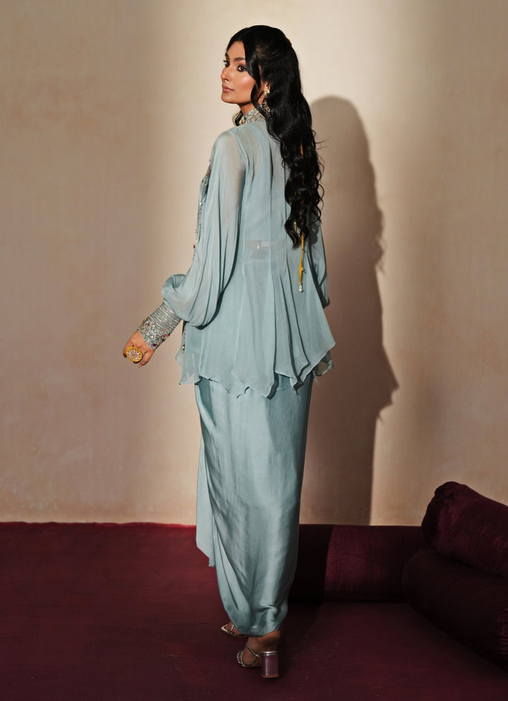 Pastel Blue Embroidered Satin Drape Skirt Set Isha Gupta Tayal - Fabilicious Fashion