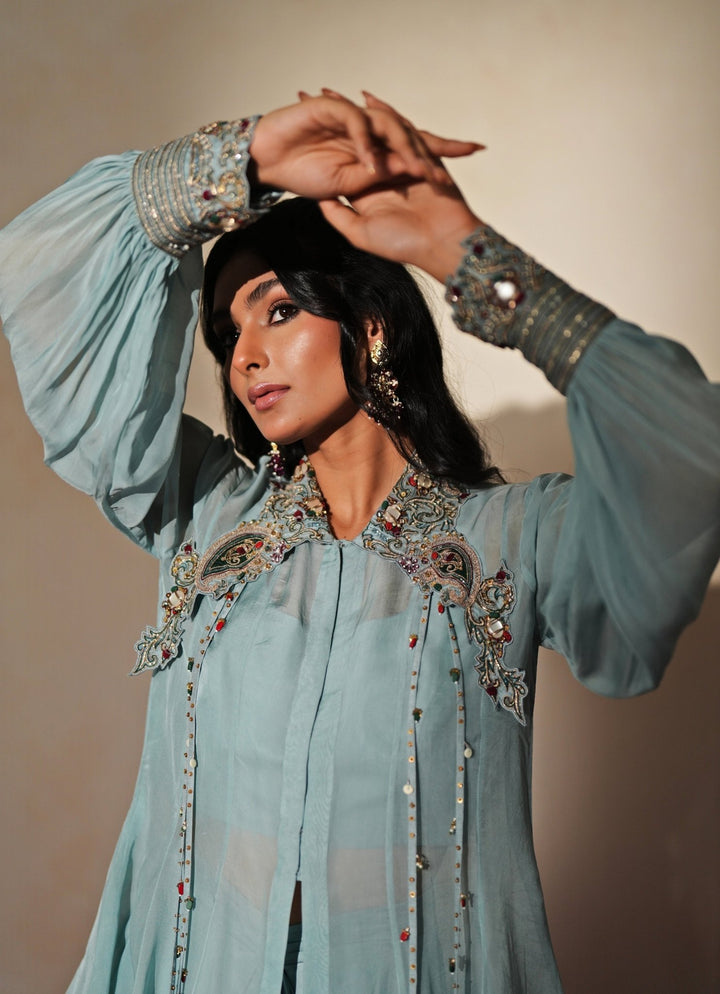 Pastel Blue Embroidered Satin Drape Skirt Set Isha Gupta Tayal - Fabilicious Fashion