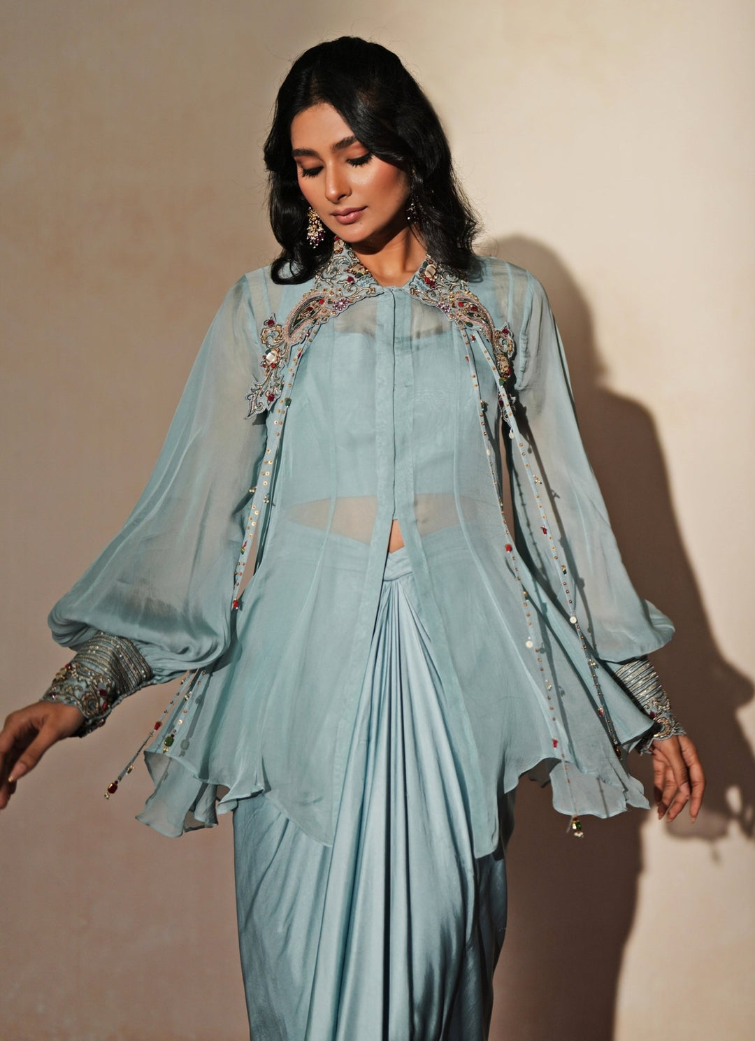 Pastel Blue Embroidered Satin Drape Skirt Set Isha Gupta Tayal - Fabilicious Fashion