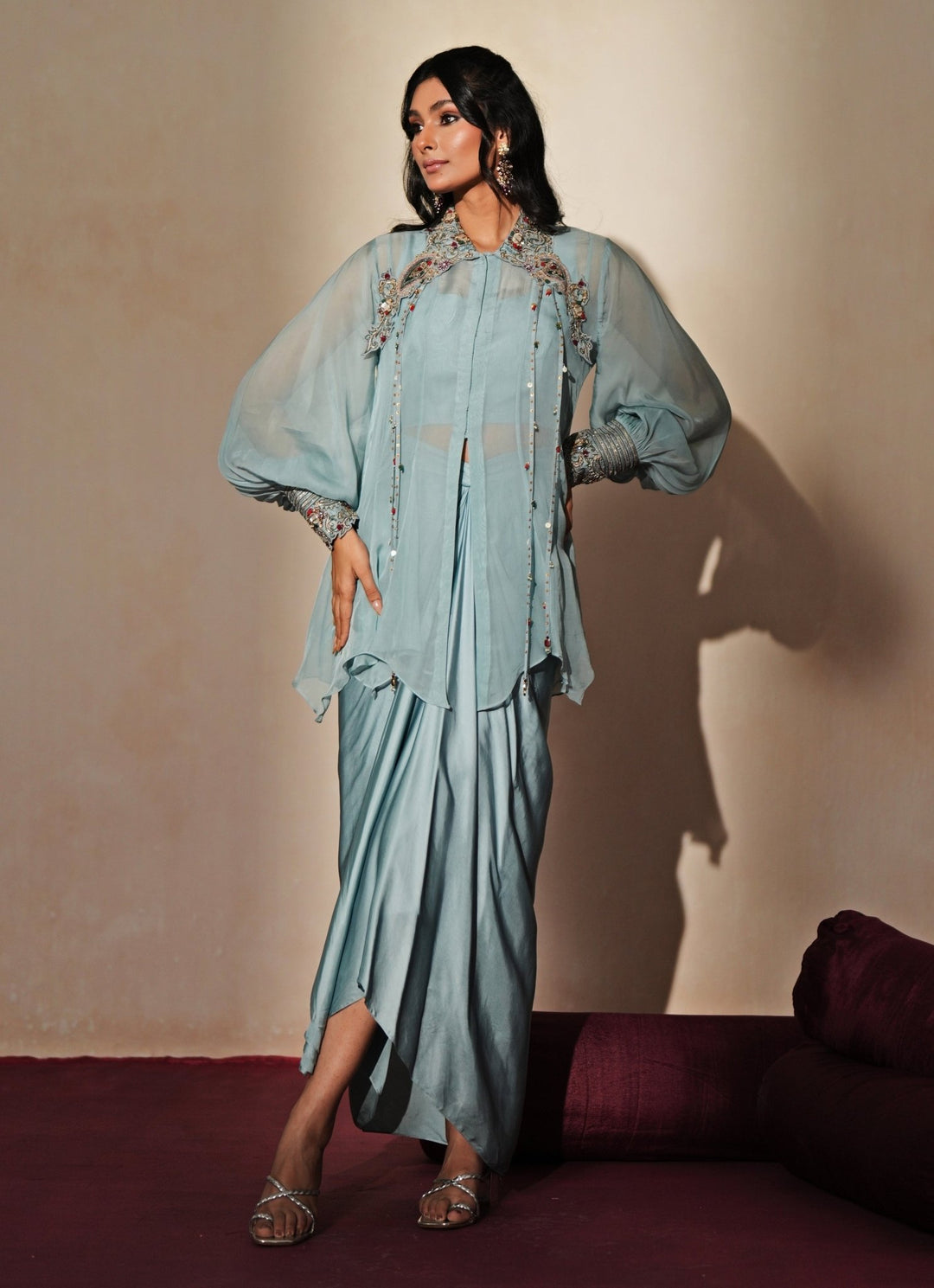 Pastel Blue Embroidered Satin Drape Skirt Set Isha Gupta Tayal - Fabilicious Fashion