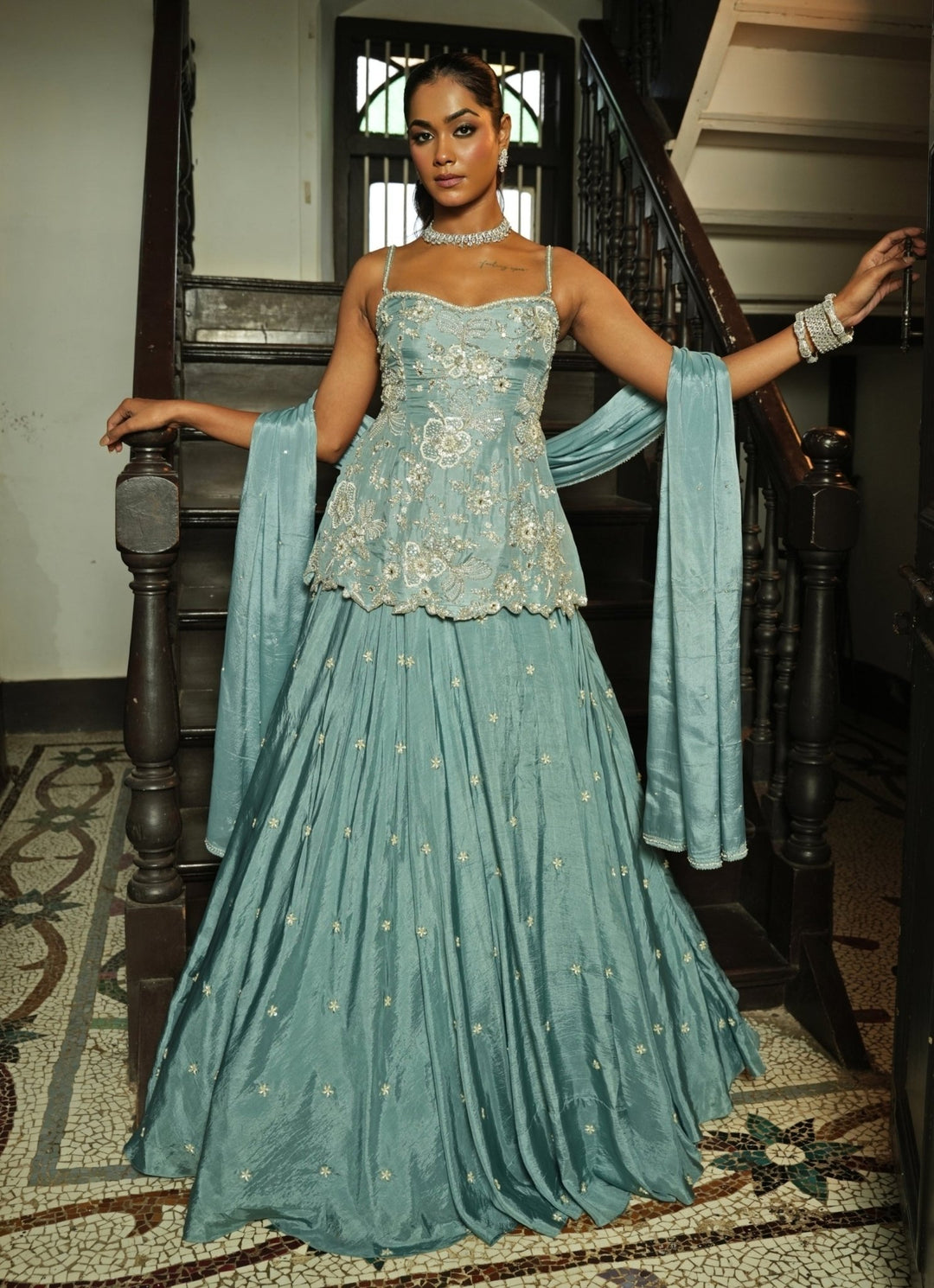 Pastel Blue Embroidered Silk Kurta Lehenga Set Enamour by Radha - Fabilicious Fashion
