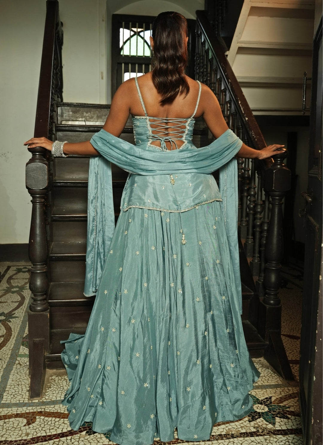 Pastel Blue Embroidered Silk Kurta Lehenga Set Enamour by Radha - Fabilicious Fashion