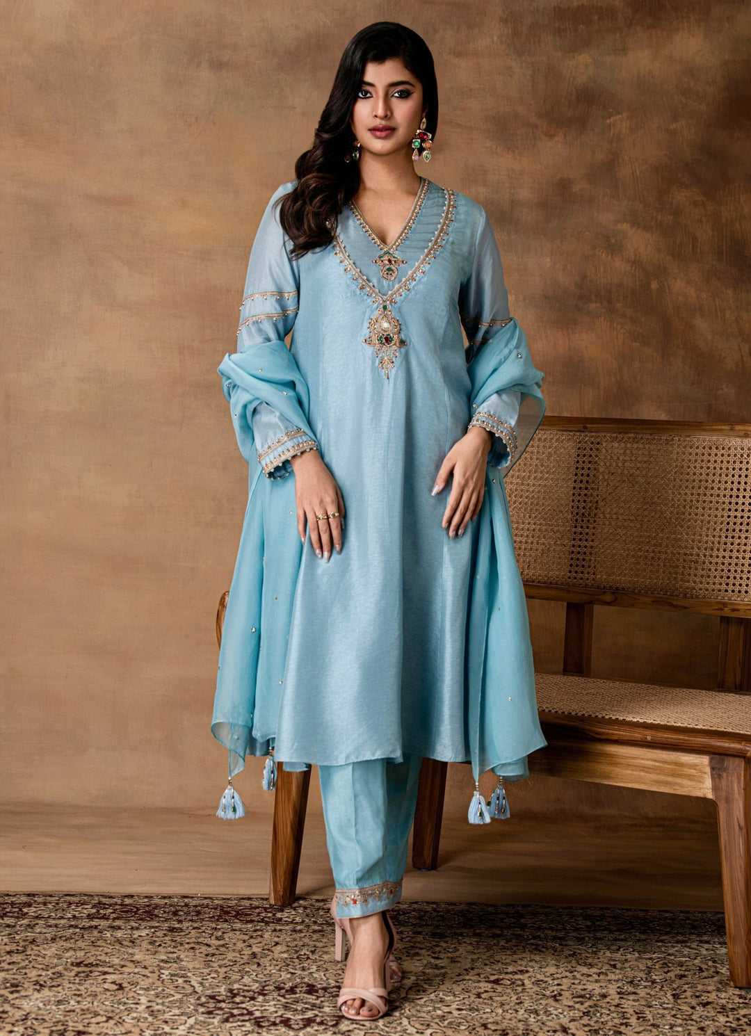 Pastel Blue Embroidered Silk Kurta Pant Set Isha Gupta Tayal - Fabilicious Fashion