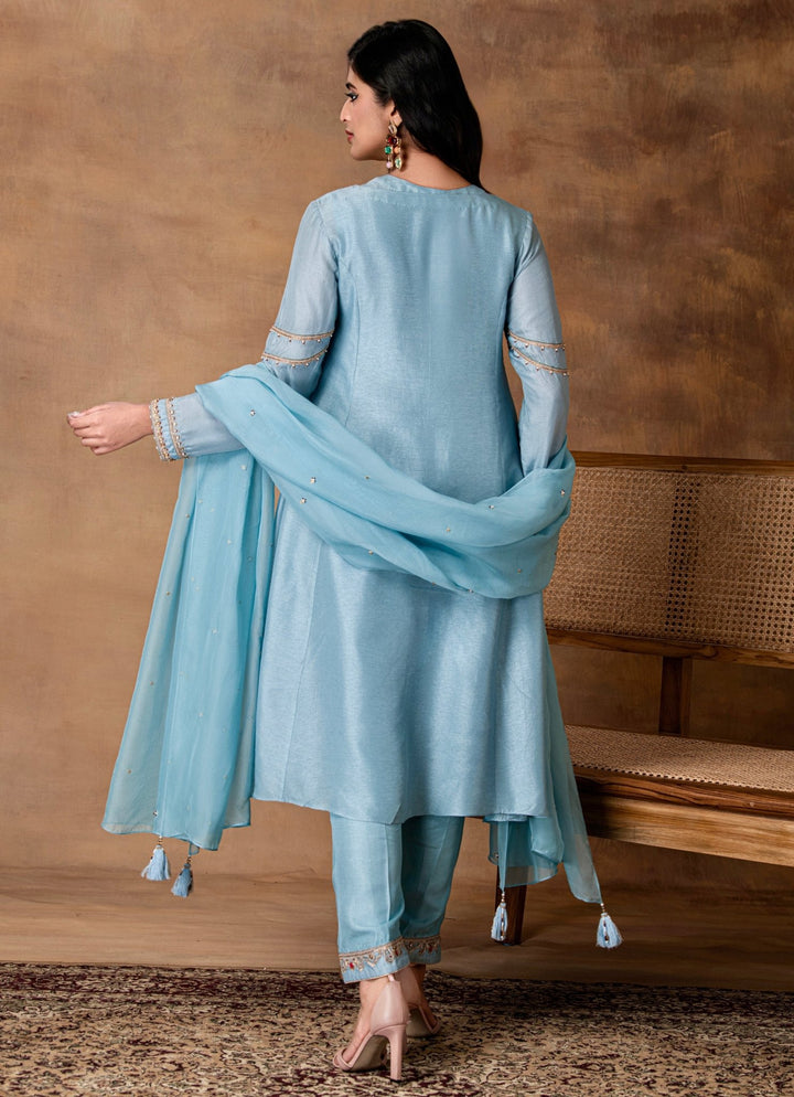 Pastel Blue Embroidered Silk Kurta Pant Set Isha Gupta Tayal - Fabilicious Fashion