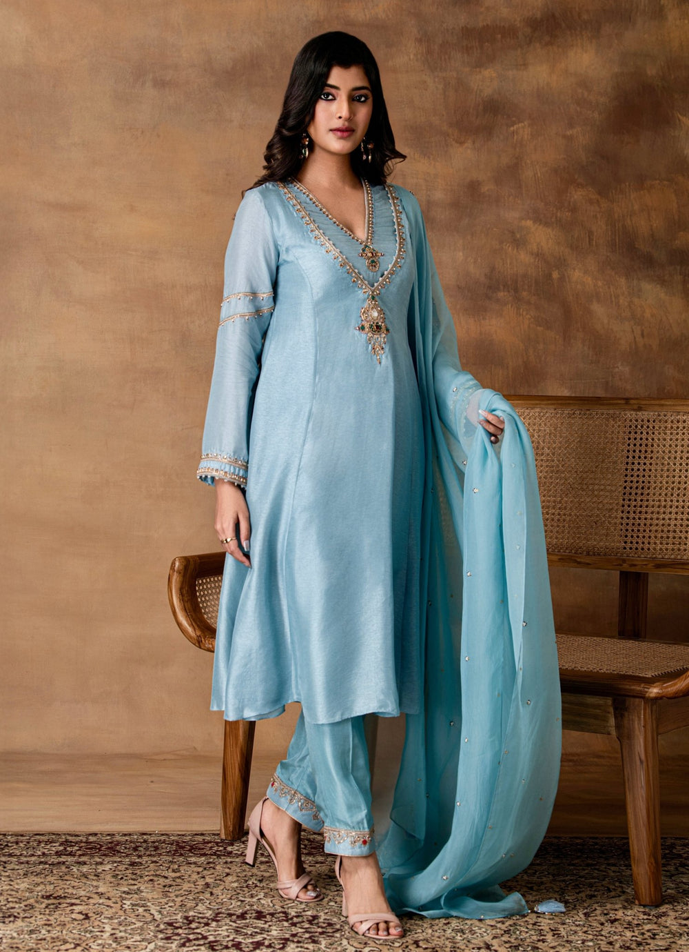 Pastel Blue Embroidered Silk Kurta Pant Set Isha Gupta Tayal - Fabilicious Fashion