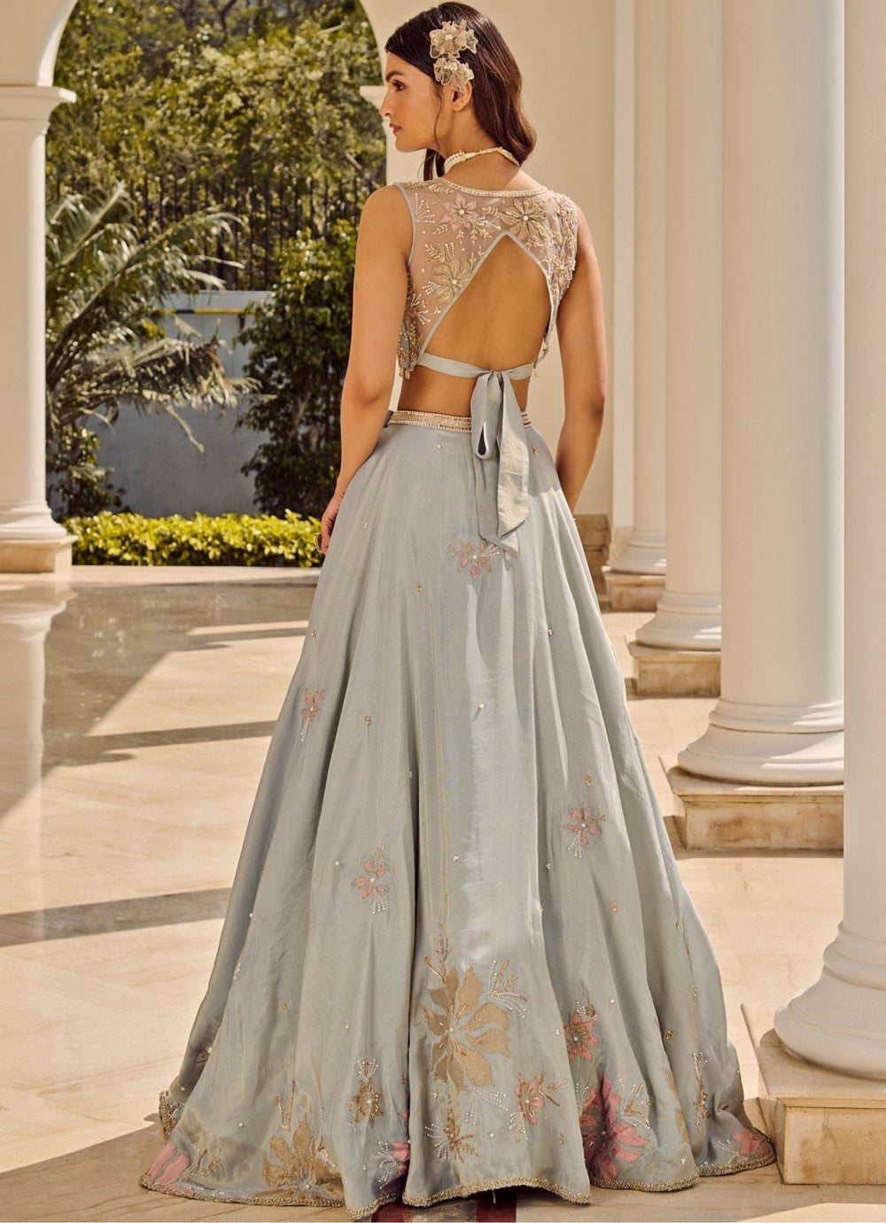 Pastel Blue Embroidered Tissue Lehenga Parul Gandhi - Fabilicious Fashion