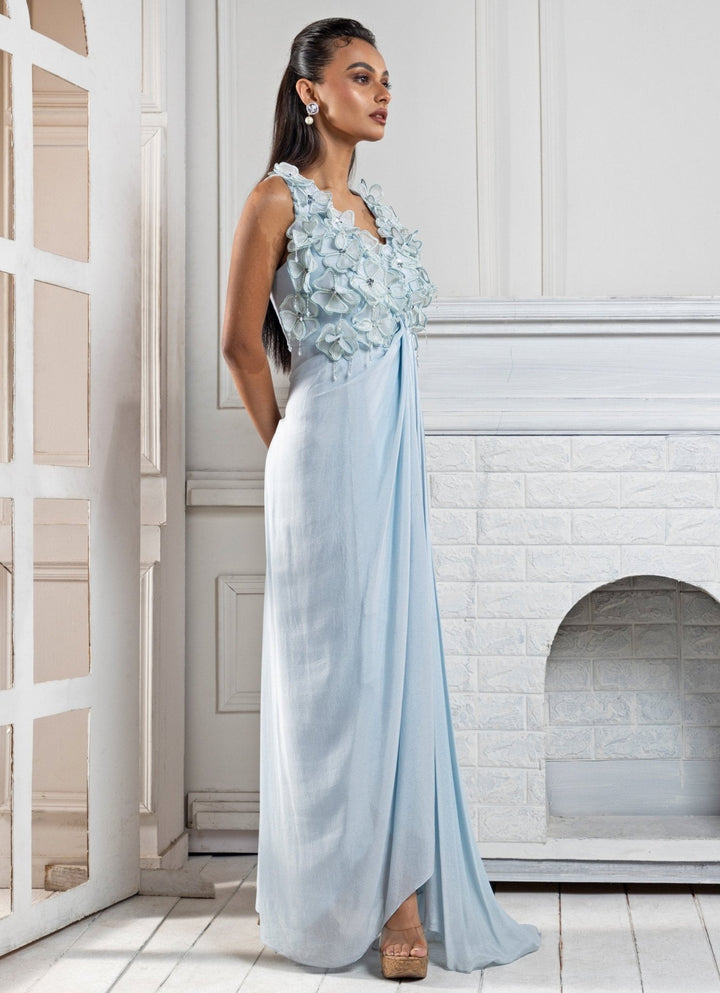 Pastel Blue Floral Embroidered Gown Smriti - Fabilicious Fashion