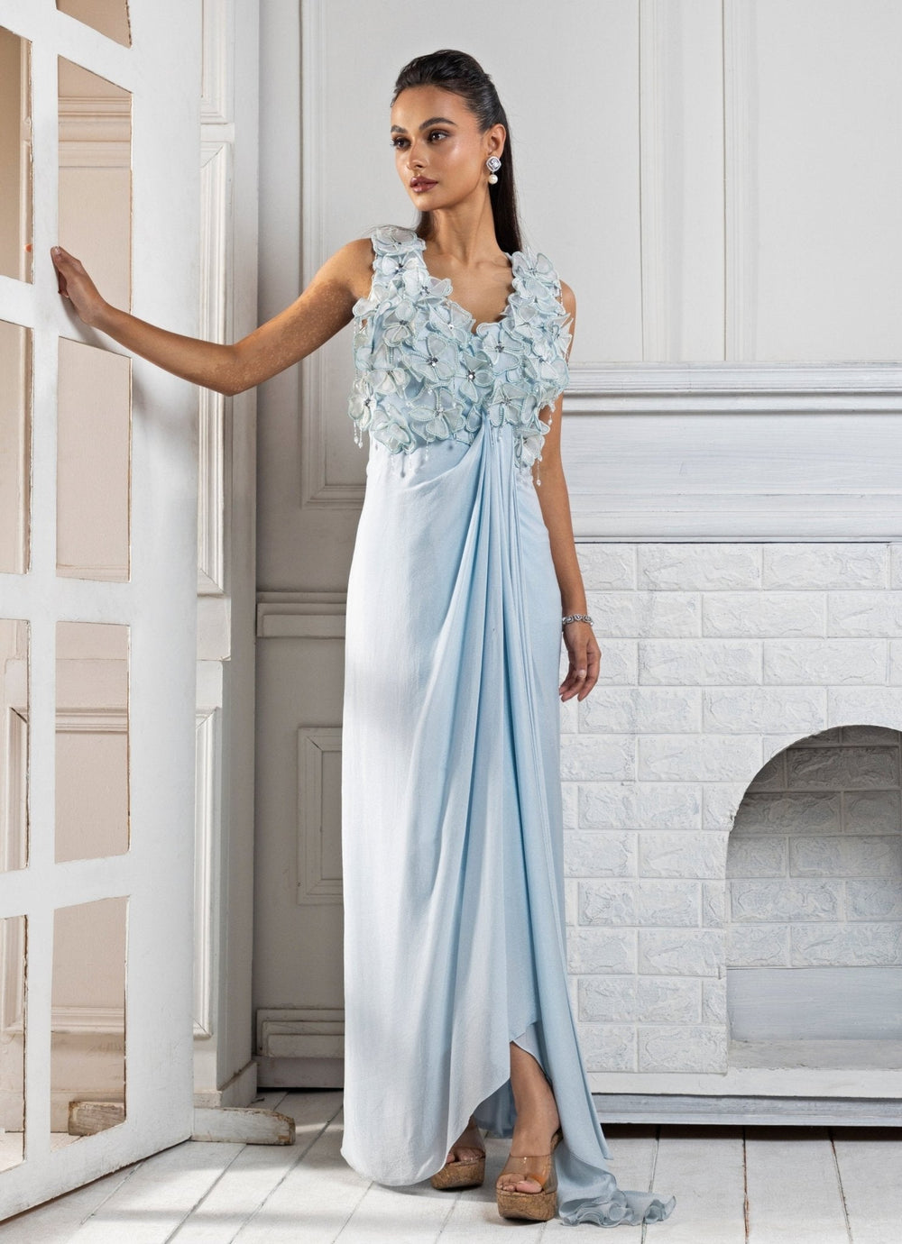 Pastel Blue Floral Embroidered Gown Smriti - Fabilicious Fashion