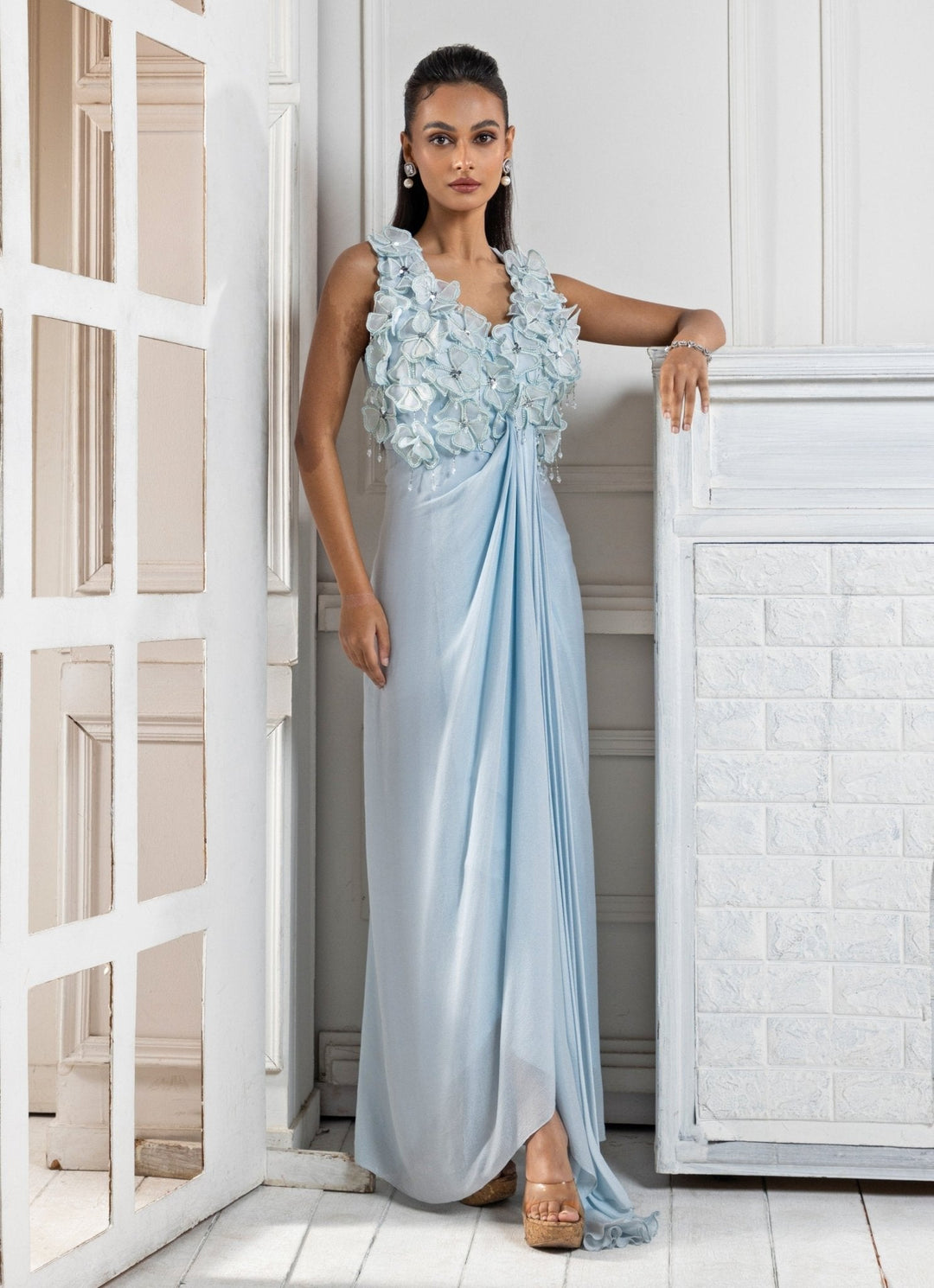 Pastel Blue Floral Embroidered Gown Smriti - Fabilicious Fashion