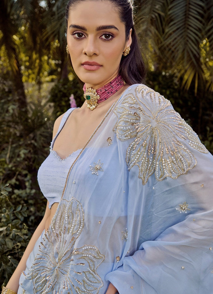 Pastel Blue Multi - Tiered Chiffon Saree Parul Gandhi - Fabilicious Fashion