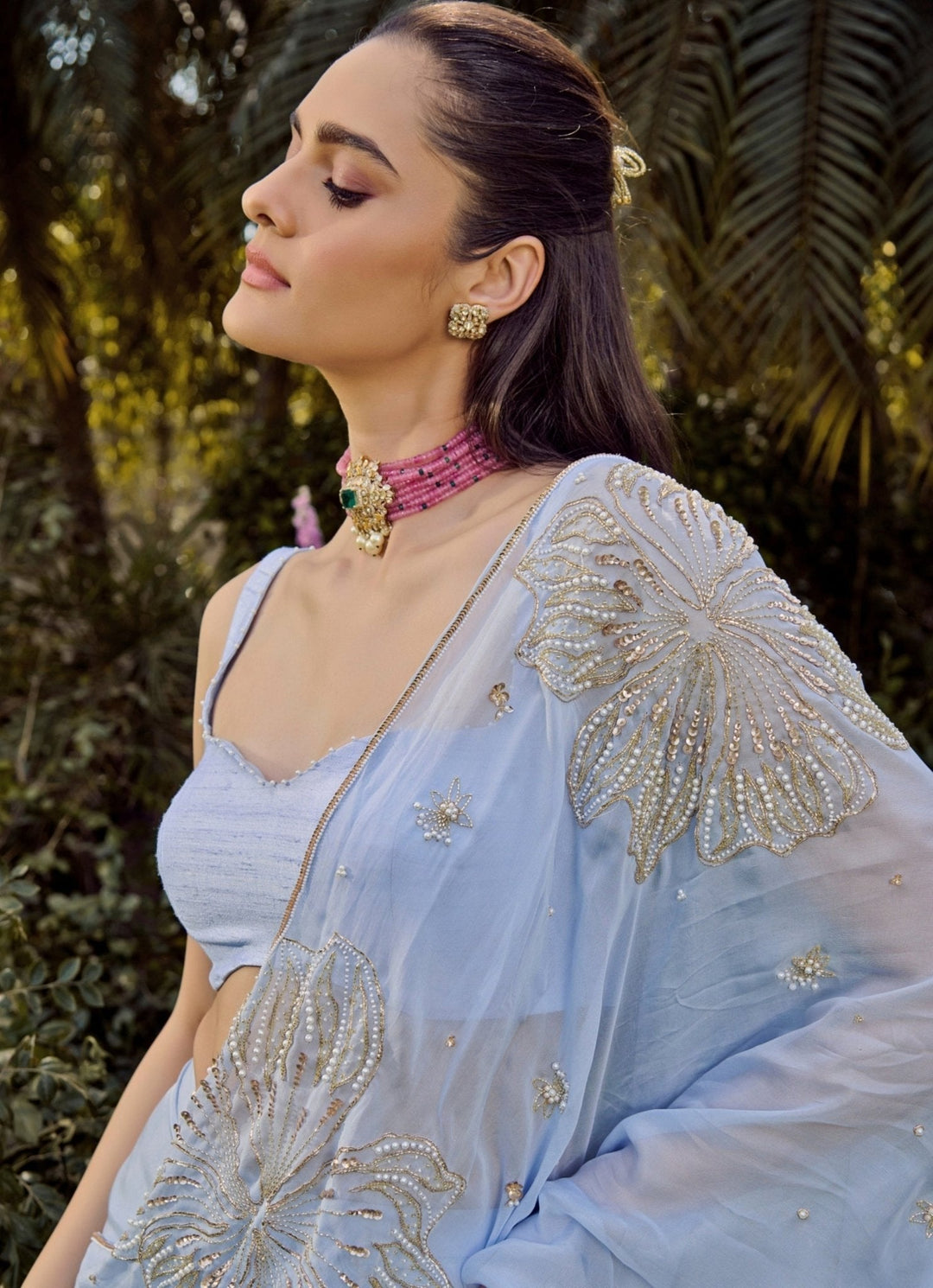 Pastel Blue Multi - Tiered Chiffon Saree Parul Gandhi - Fabilicious Fashion