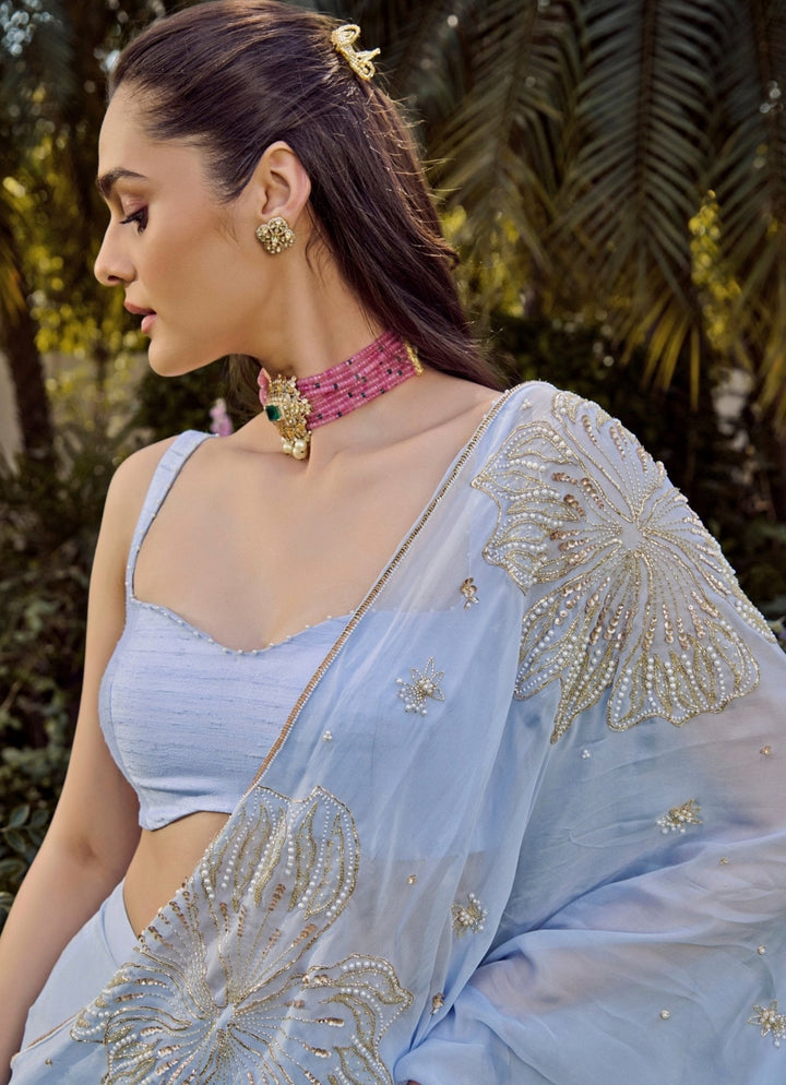 Pastel Blue Multi - Tiered Chiffon Saree Parul Gandhi - Fabilicious Fashion