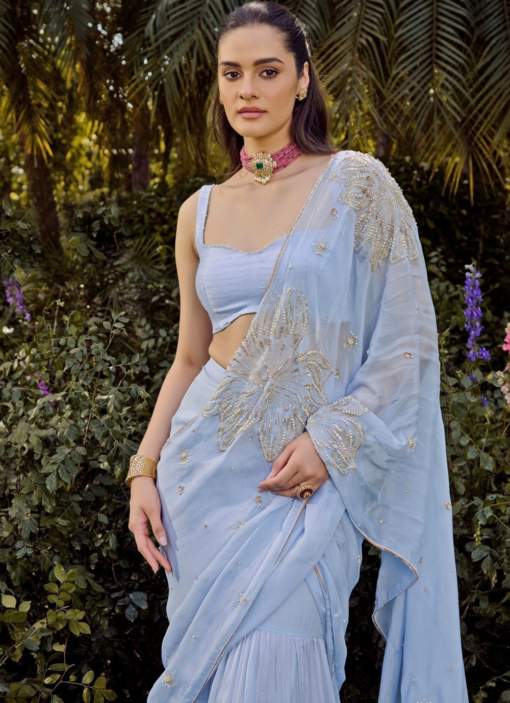 Pastel Blue Multi - Tiered Chiffon Saree Parul Gandhi - Fabilicious Fashion