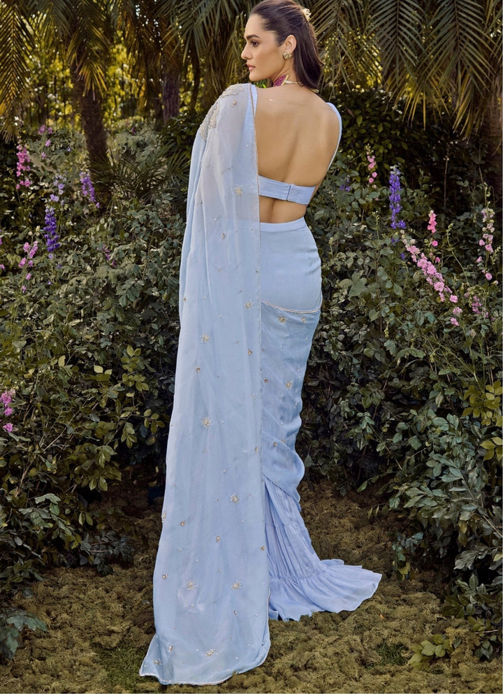 Pastel Blue Multi - Tiered Chiffon Saree Parul Gandhi - Fabilicious Fashion