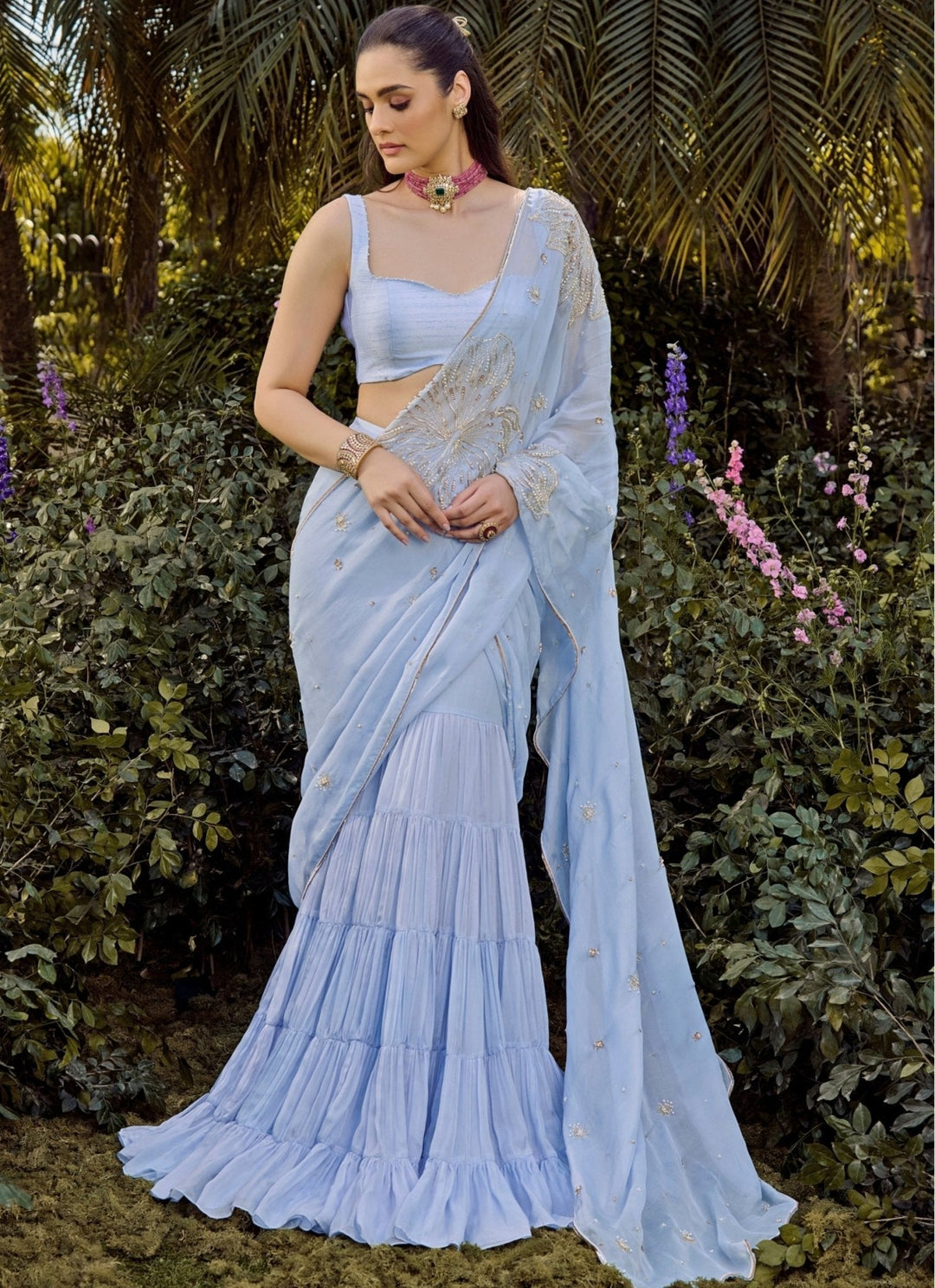 Pastel Blue Multi - Tiered Chiffon Saree Parul Gandhi - Fabilicious Fashion