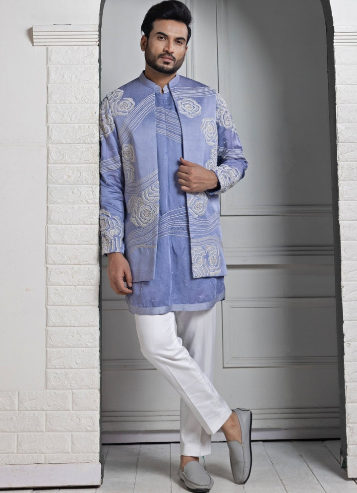 Pastel Blue Satin Embroidered Nehru Jacket Smriti - Fabilicious Fashion