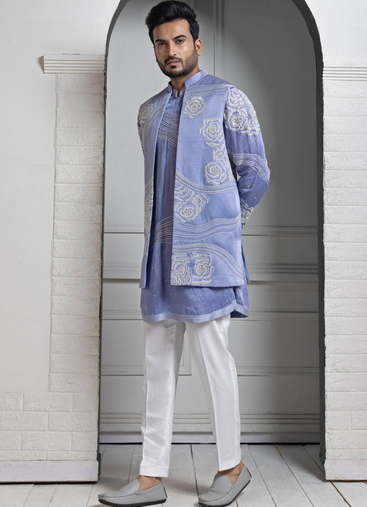 Pastel Blue Satin Embroidered Nehru Jacket Smriti - Fabilicious Fashion