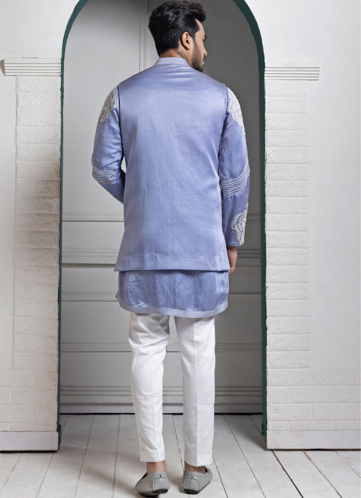 Pastel Blue Satin Embroidered Nehru Jacket Smriti - Fabilicious Fashion