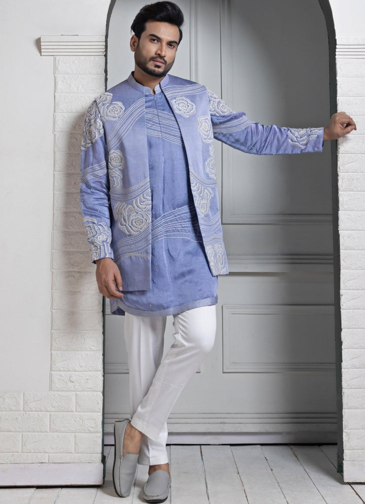 Pastel Blue Satin Embroidered Nehru Jacket Smriti - Fabilicious Fashion