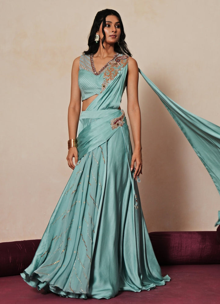 Pastel Blue Satin Organza Pre - Draped Saree Isha Gupta Tayal - Fabilicious Fashion