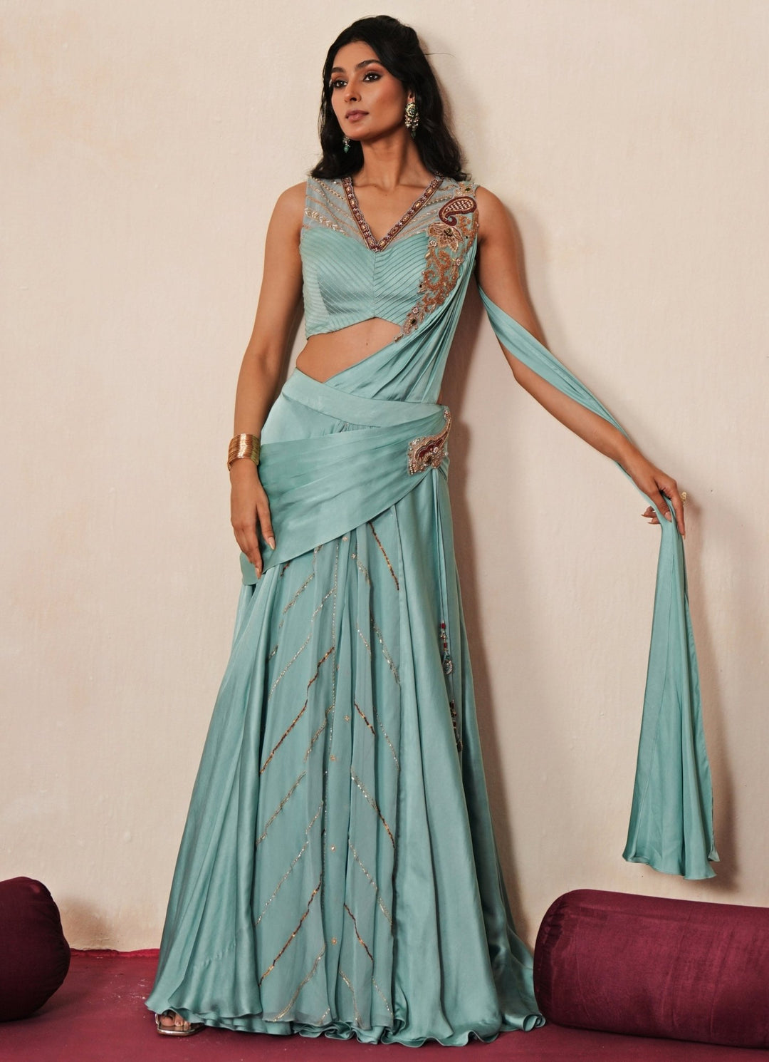 Pastel Blue Satin Organza Pre - Draped Saree Isha Gupta Tayal - Fabilicious Fashion