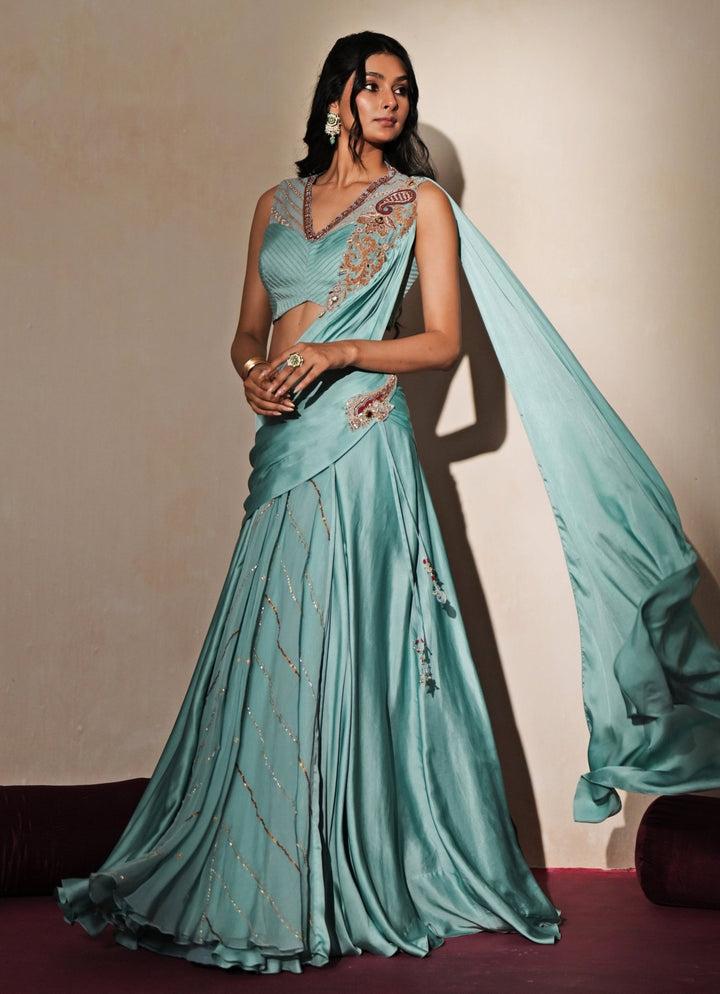 Pastel Blue Satin Organza Pre - Draped Saree Isha Gupta Tayal - Fabilicious Fashion