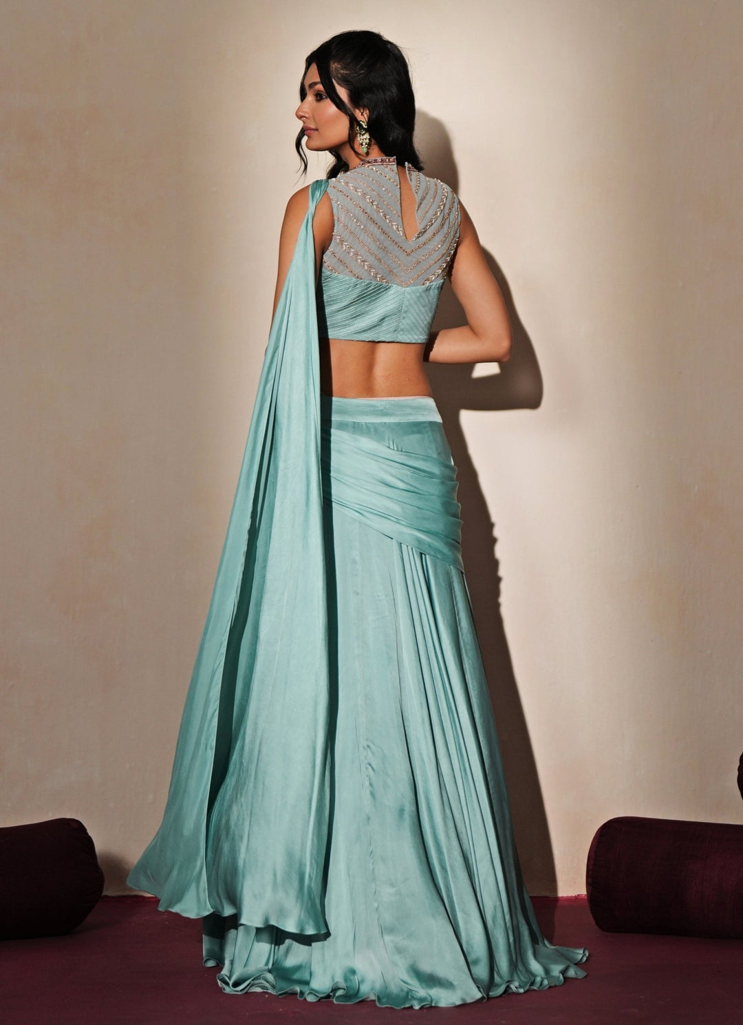 Pastel Blue Satin Organza Pre - Draped Saree Isha Gupta Tayal - Fabilicious Fashion