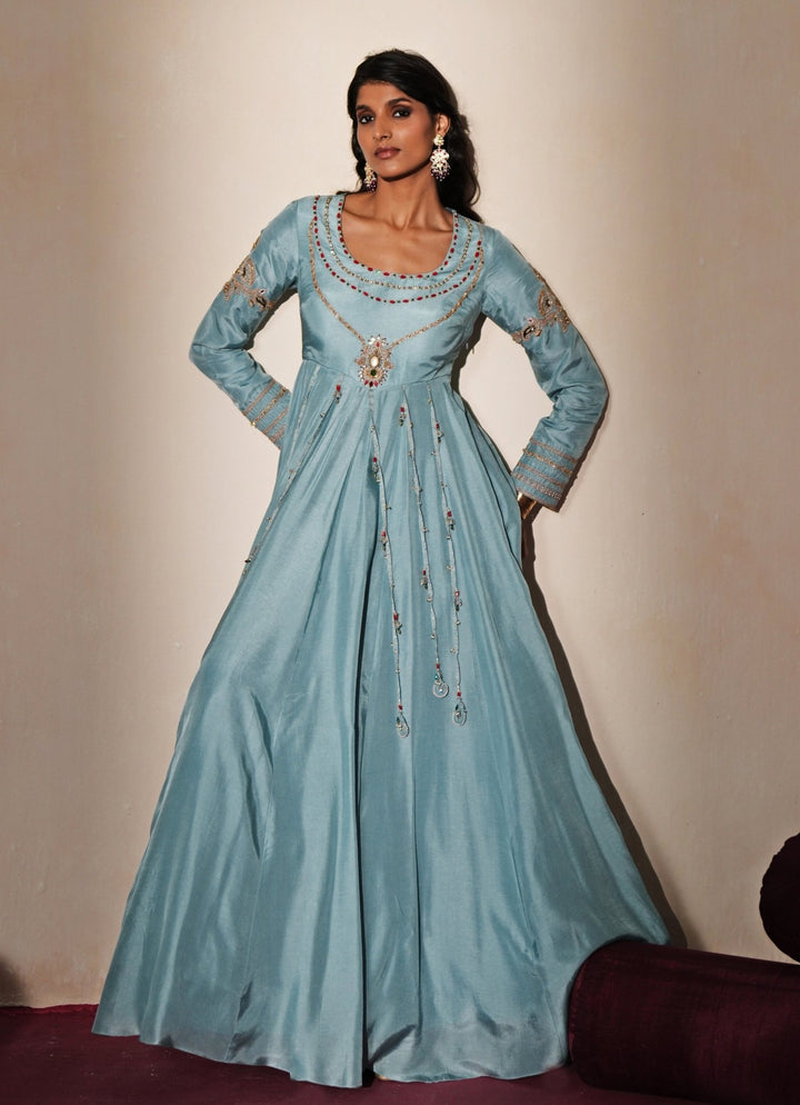 Pastel Blue Silk Anarkali Gown Isha Gupta Tayal - Fabilicious Fashion