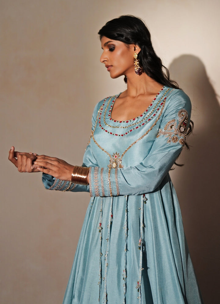 Pastel Blue Silk Anarkali Gown Isha Gupta Tayal - Fabilicious Fashion