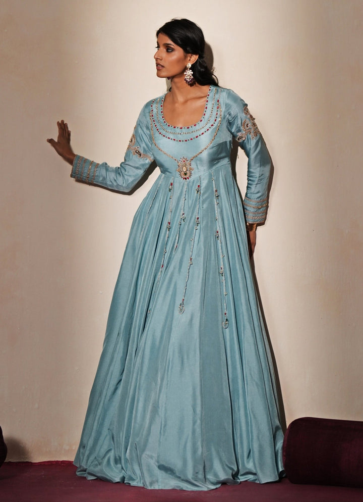 Pastel Blue Silk Anarkali Gown Isha Gupta Tayal - Fabilicious Fashion