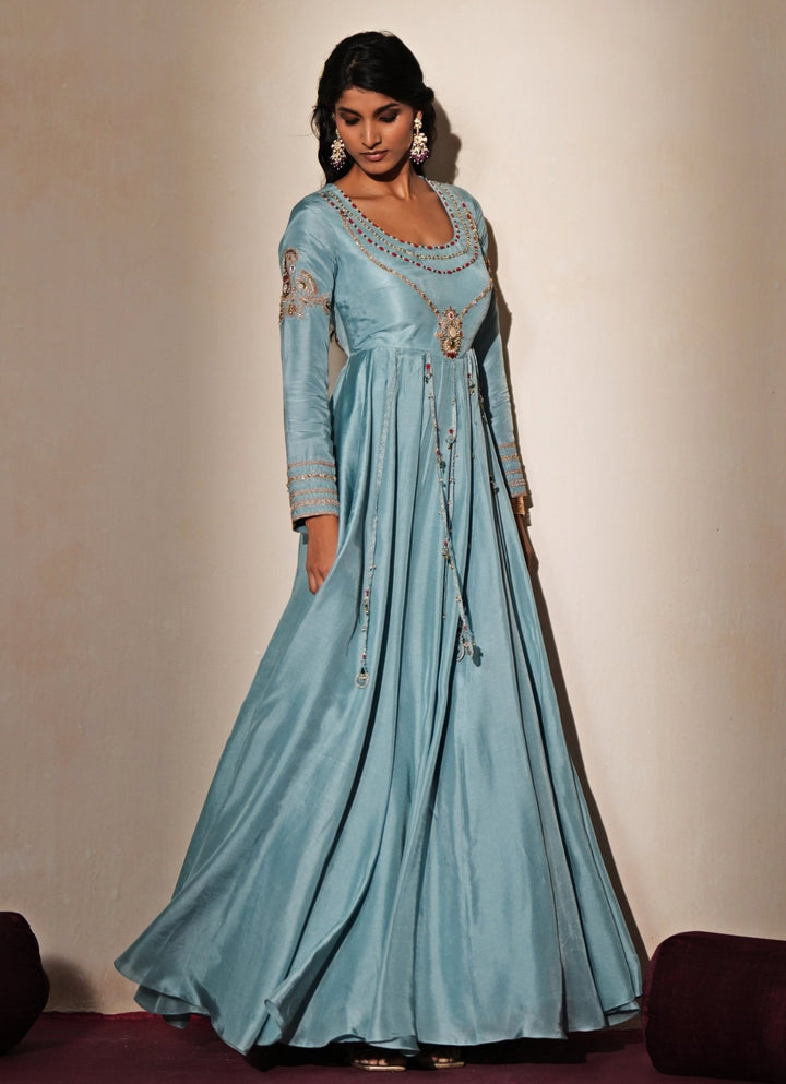 Pastel Blue Silk Anarkali Gown Isha Gupta Tayal - Fabilicious Fashion