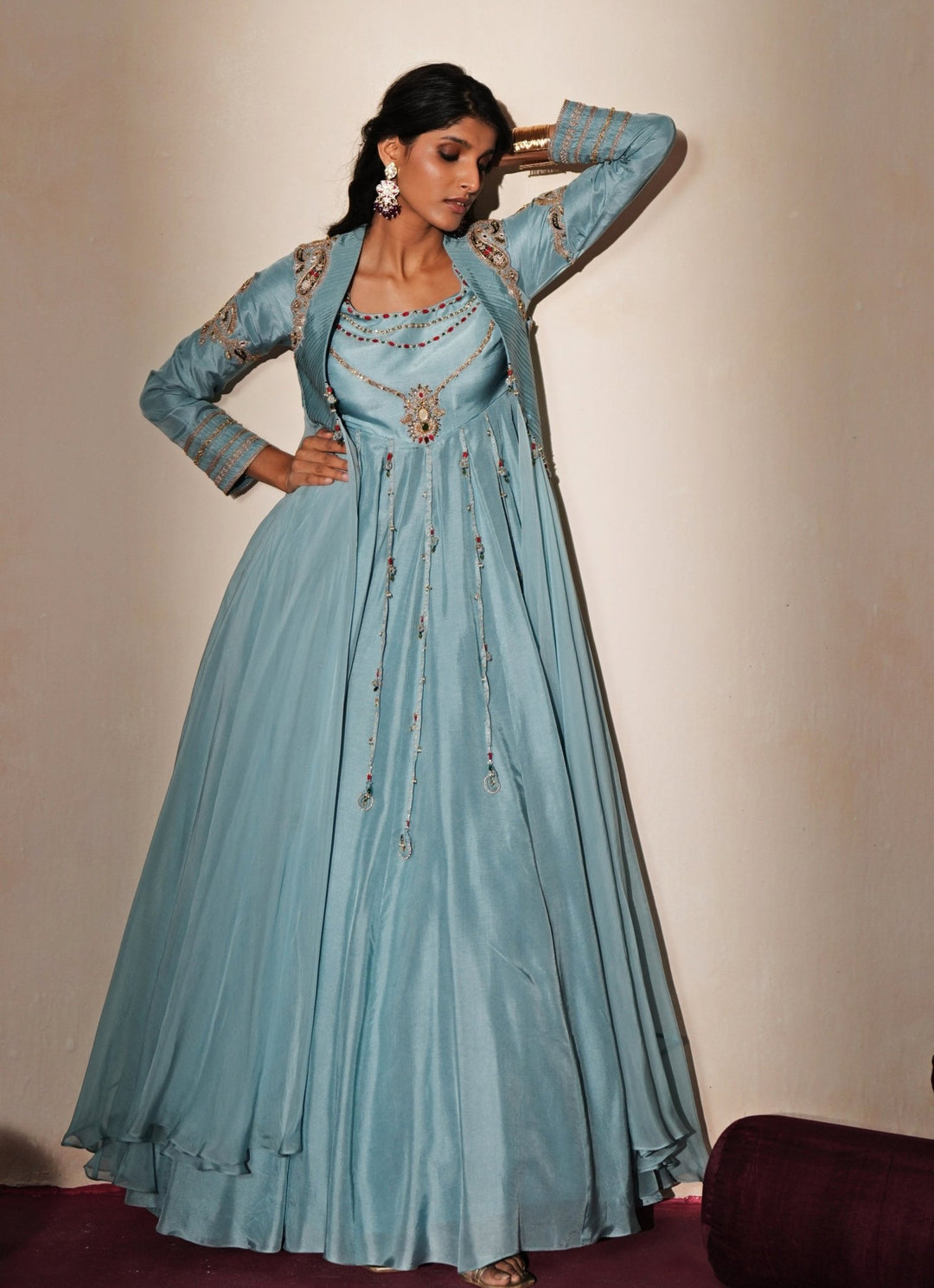 long anarkali dress with jacket Peach Sequins Anarkali & embellished Jacket set-3 The Ray Label