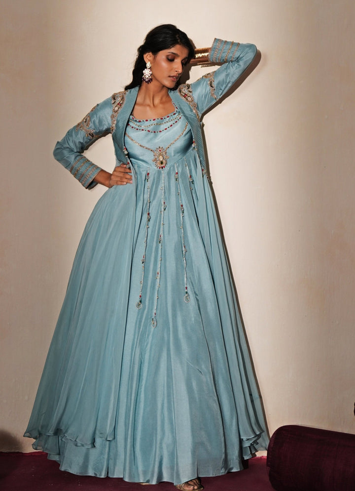 Pastel Blue Silk Anarkali With Jacket Isha Gupta Tayal - Fabilicious Fashion