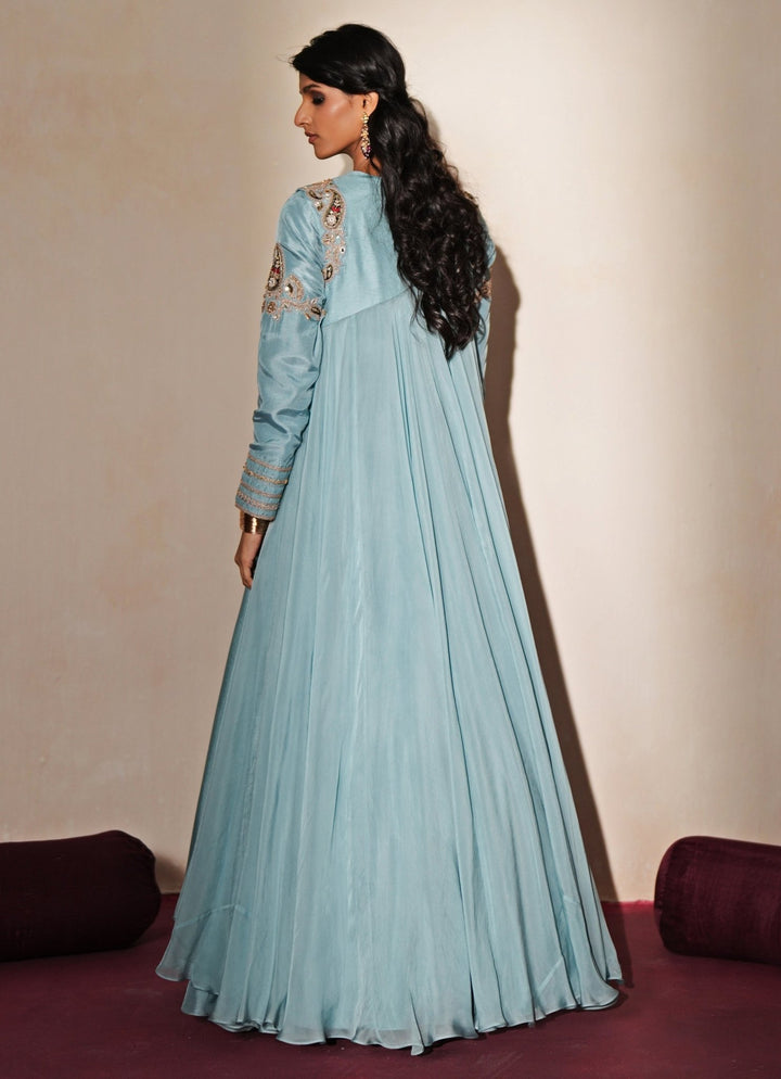 Pastel Blue Silk Anarkali With Jacket Isha Gupta Tayal - Fabilicious Fashion