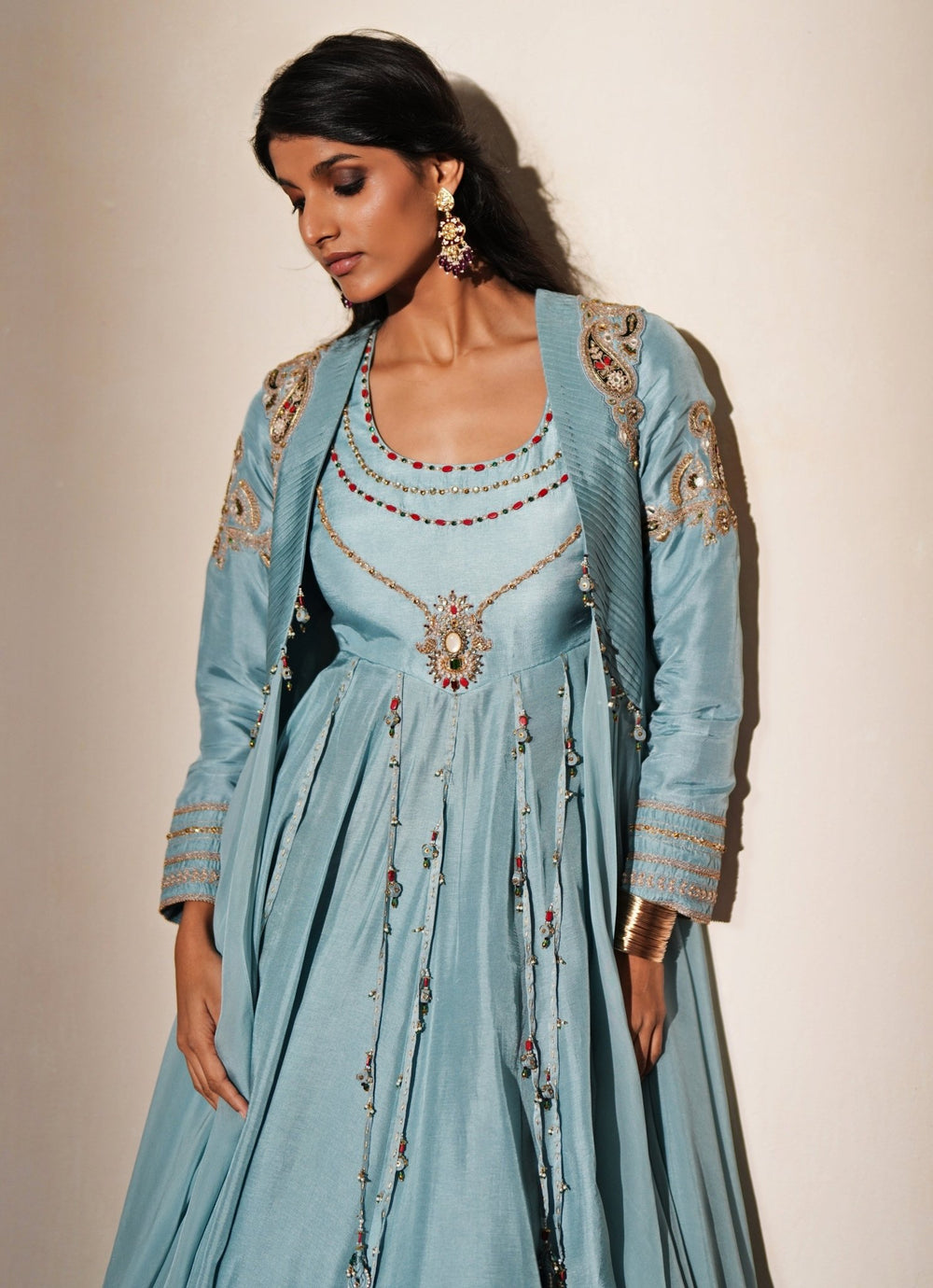 Pastel Blue Silk Anarkali With Jacket Isha Gupta Tayal - Fabilicious Fashion