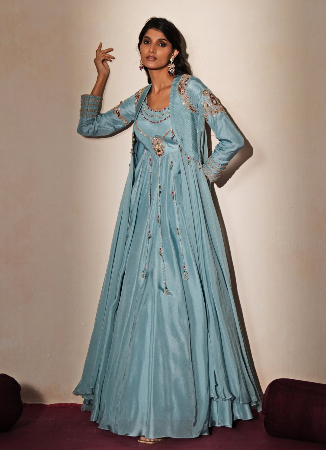 Pastel Blue Silk Anarkali With Jacket Isha Gupta Tayal - Fabilicious Fashion