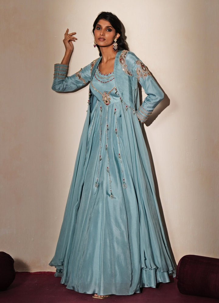 Pastel Blue Silk Anarkali With Jacket Isha Gupta Tayal - Fabilicious Fashion