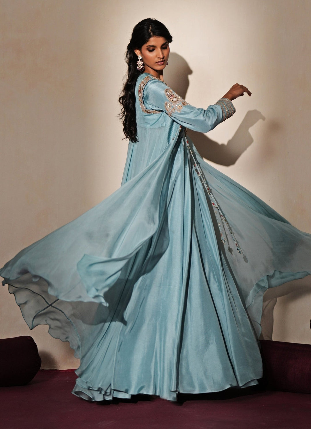 Pastel Blue Silk Anarkali With Jacket Isha Gupta Tayal - Fabilicious Fashion