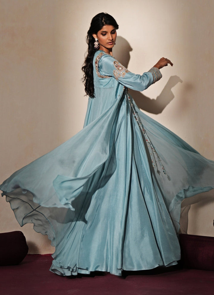 Pastel Blue Silk Anarkali With Jacket Isha Gupta Tayal - Fabilicious Fashion