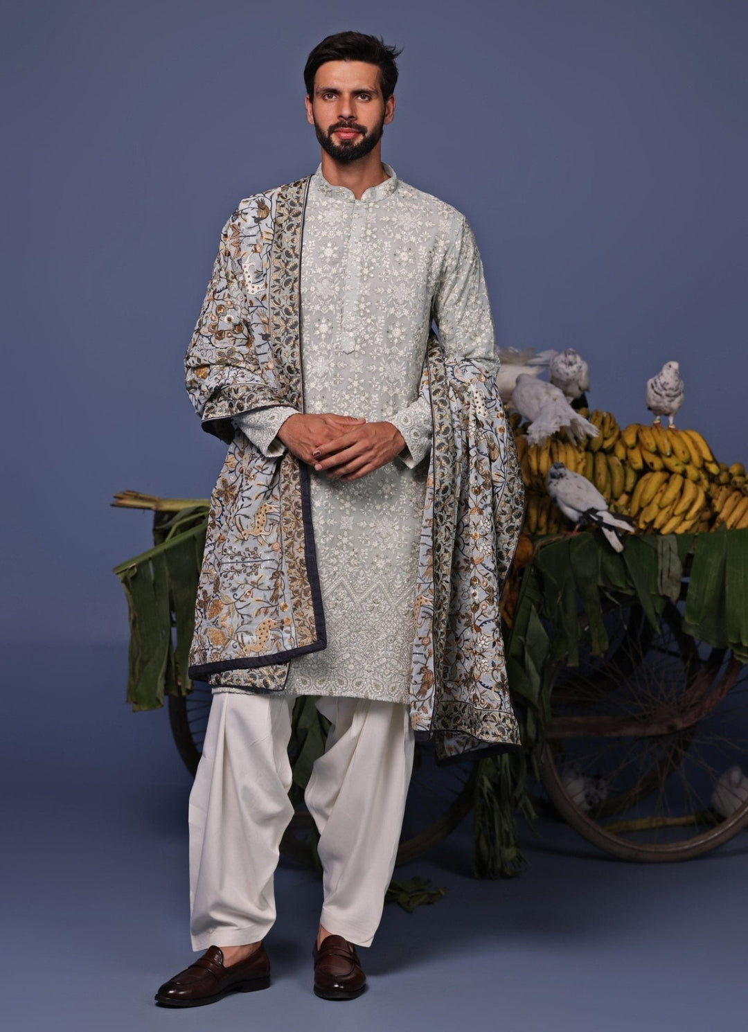 Pastel Blue Thread Embroidered Kurta and Patiala Pant Set Kalpraag - Fabilicious Fashion
