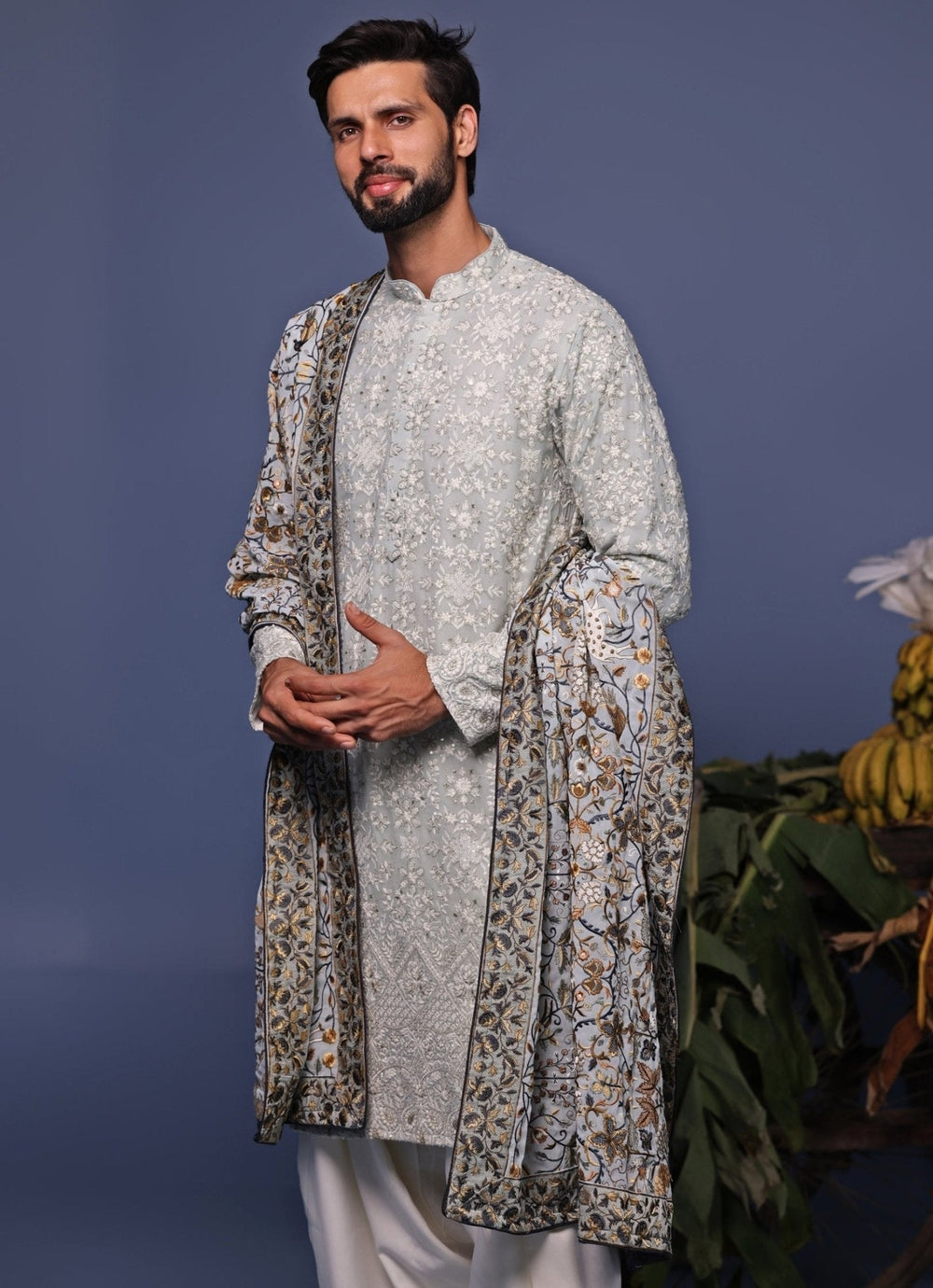 Pastel Blue Thread Embroidered Kurta and Patiala Pant Set Kalpraag - Fabilicious Fashion