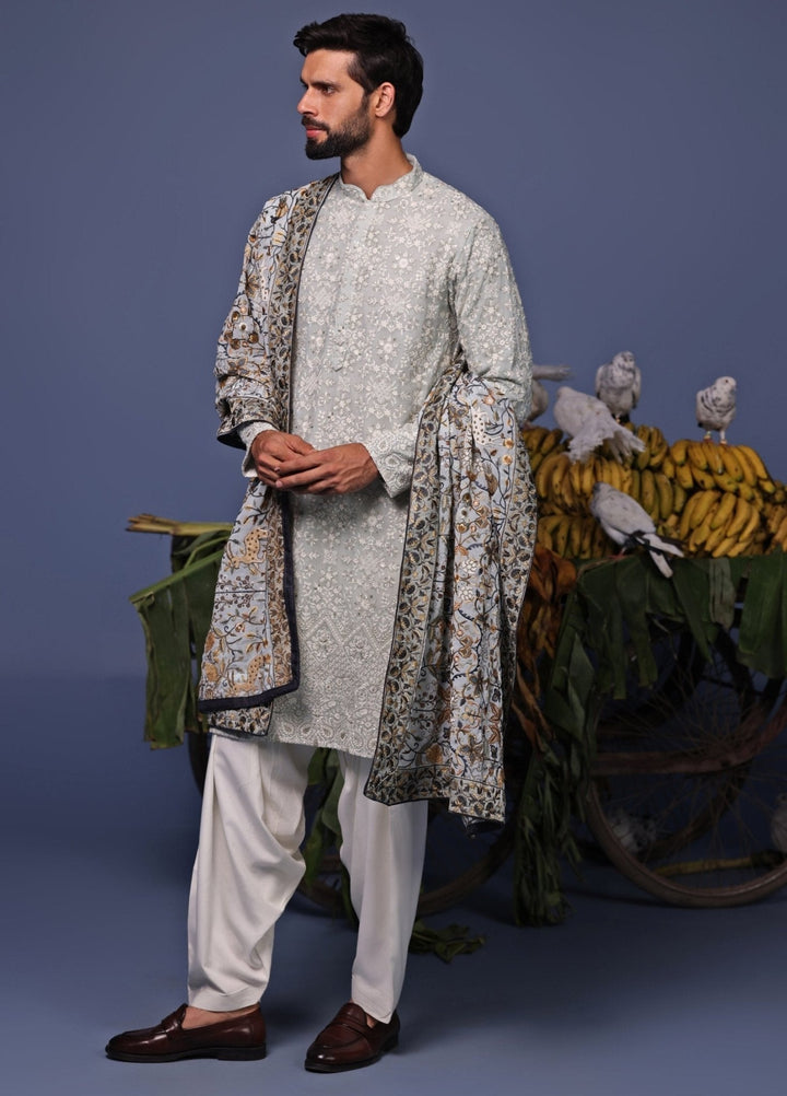 Pastel Blue Thread Embroidered Kurta and Patiala Pant Set Kalpraag - Fabilicious Fashion