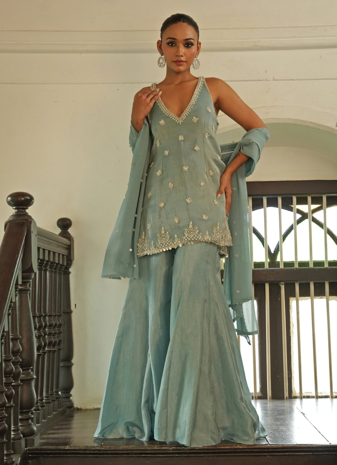 Pastel Blue Zari Silk Sharara Set Enamour by Radha - Fabilicious Fashion