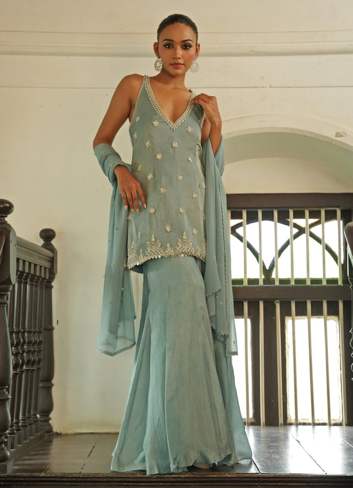 Pastel Blue Zari Silk Sharara Set Enamour by Radha - Fabilicious Fashion