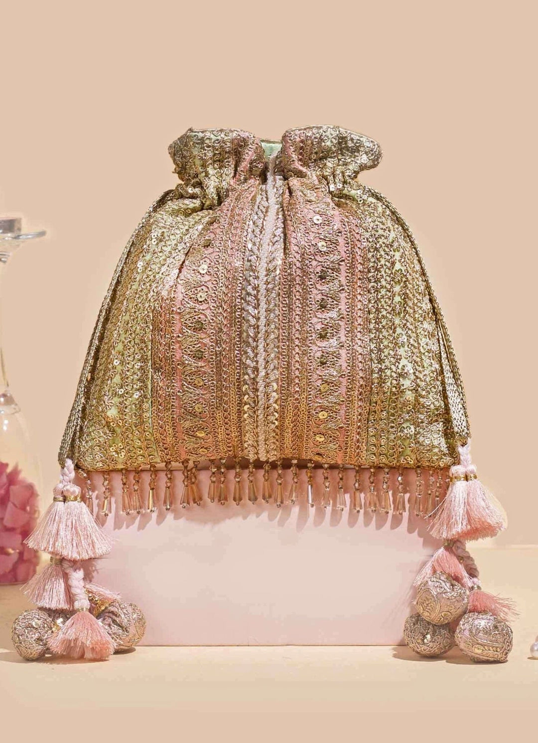 Pastel Gold Embellished Potli AMYRA - Fabilicious Fashion