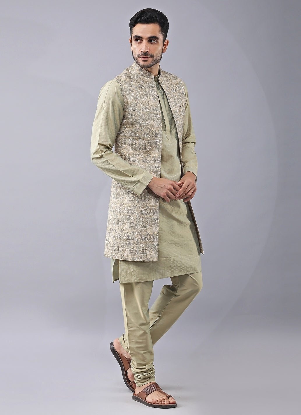 Pastel gold silk kurta pants set with jacket by Manish Nagdeo Men