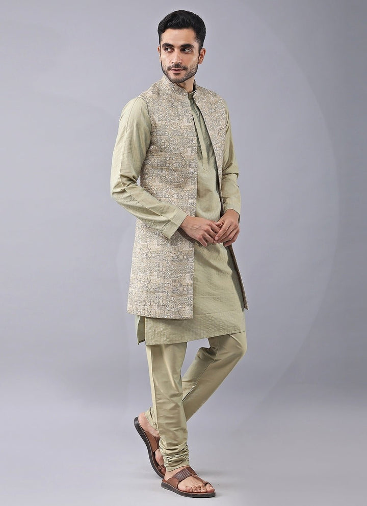Pastel Gold Silk Kurta Pants Set with Jacket Manish Nagdeo Men - Fabilicious Fashion