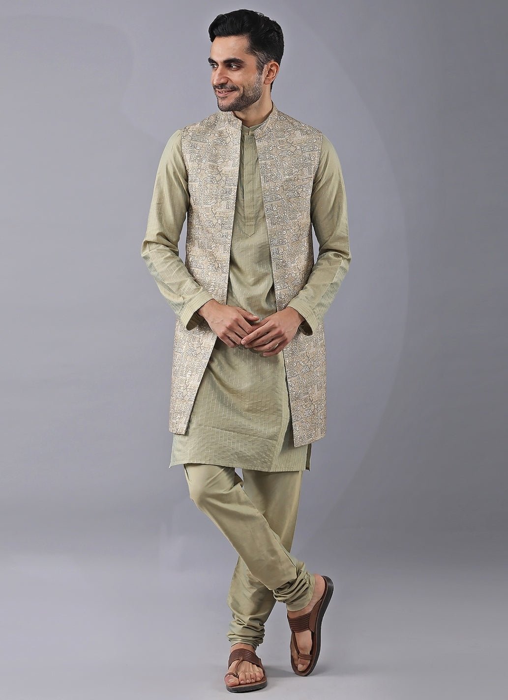 Pastel Gold Silk Kurta Pants Set with Jacket Manish Nagdeo Men - Fabilicious Fashion
