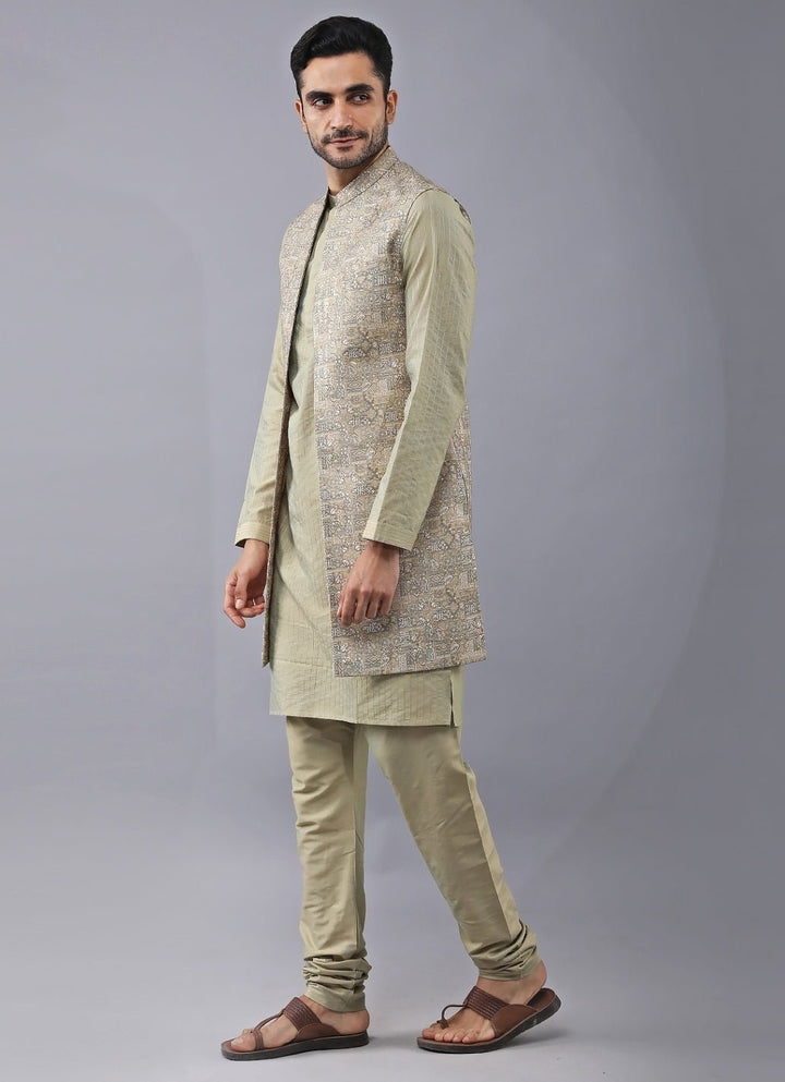 Pastel Gold Silk Kurta Pants Set with Jacket Manish Nagdeo Men - Fabilicious Fashion